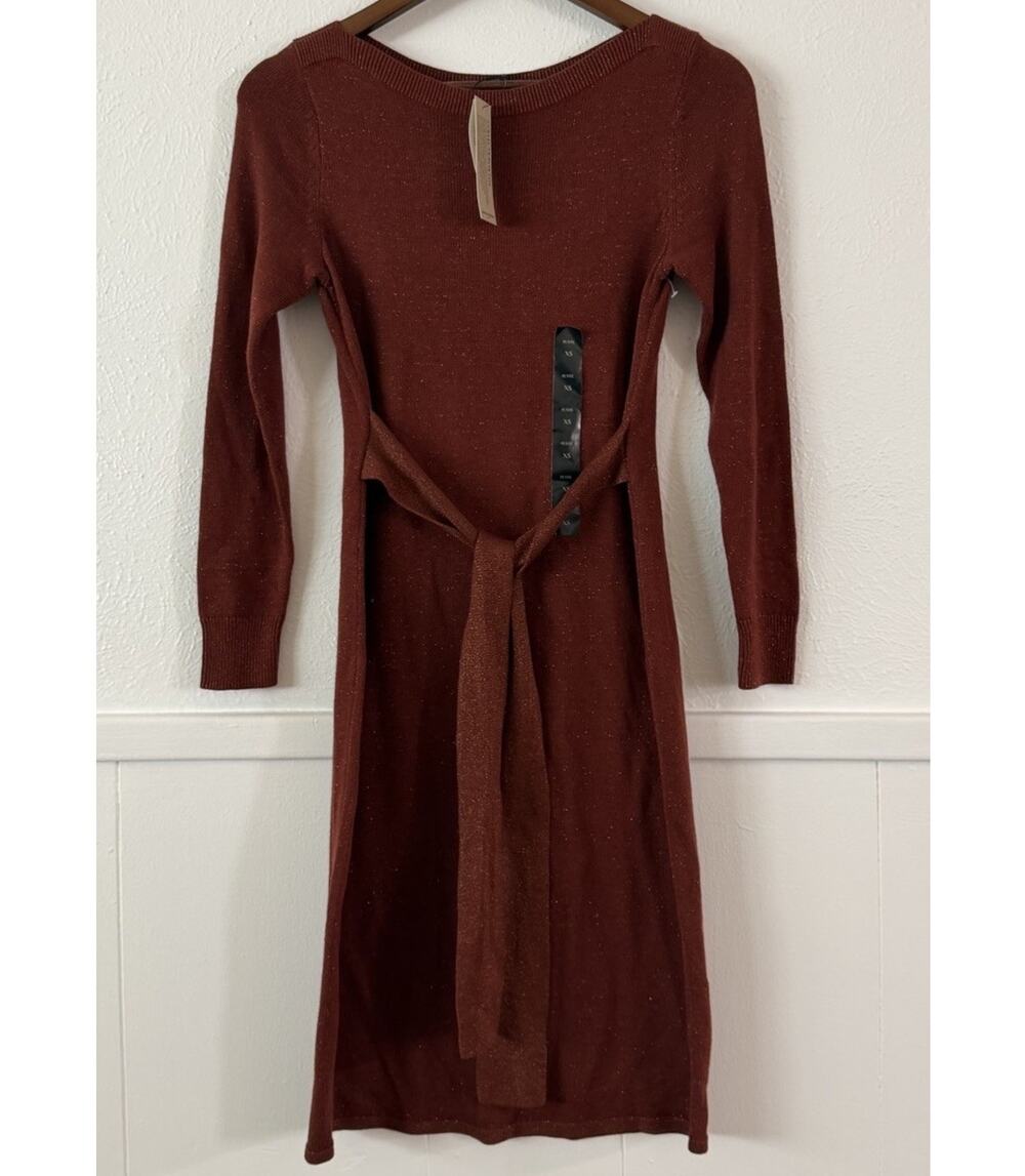 Banana Republic Petite Sweater Dress XS Rust Metallic Knit Tie Waist NWT $99.99
